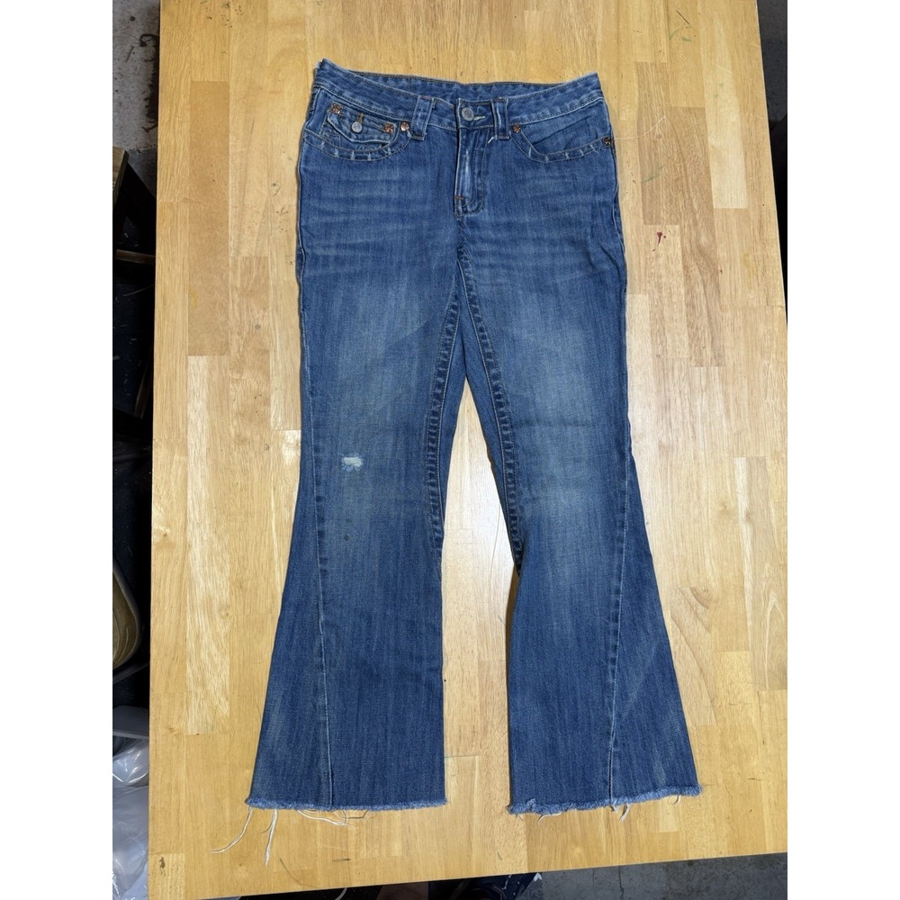 True Religion Joey Jeans Womens 28 Low Rise Flare Blue Y2K Flap Pocket Raw Hem
